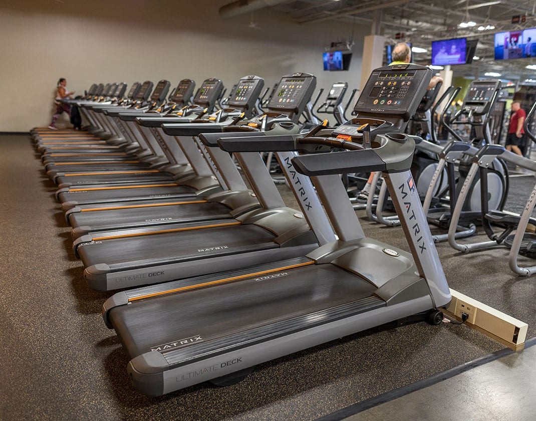 row of treadmills in spacious modern gym