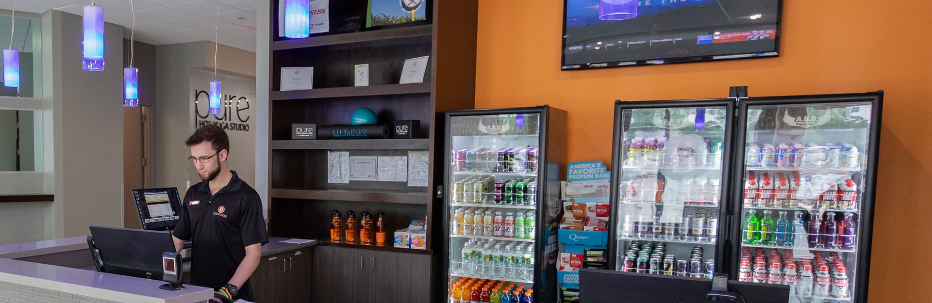 shop with beverages and merchandise in modern gym