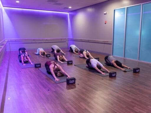 gym members do yoga in a boutique group fitness studio at best fitness gym in chelmsford
