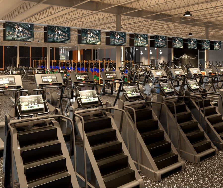 a rendering of the weight room and cardio floor at the best new gym near me in woburn ma best fitness