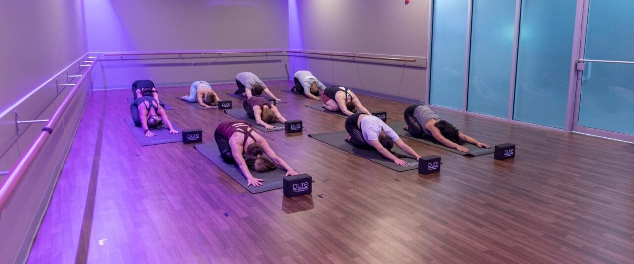 gym members hold a downward dog pose during a group fitness yoga class at a modern best fitness gym near me